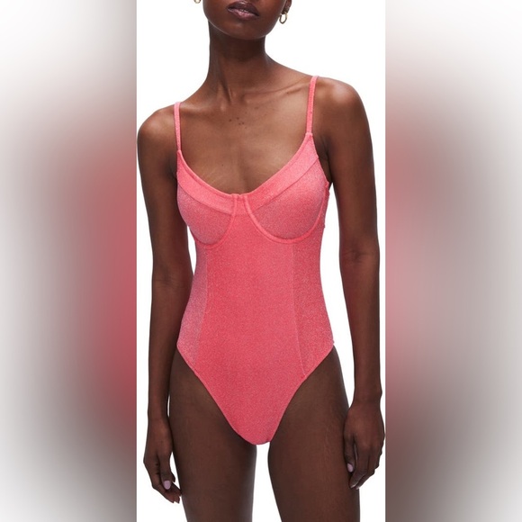 Good American Sparkle Show Off Underwire One-Piece Swimsuit in Fiery Coral 002 - Picture 3 of 14